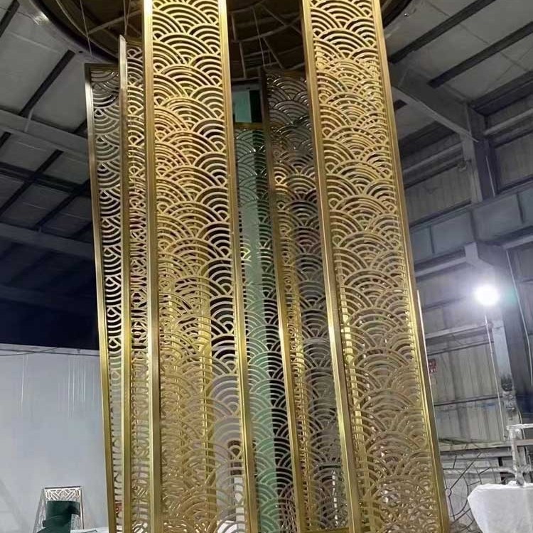 輕奢不銹鋼屏風隔斷圓形假山水背景墻金屬網鏤空浮雕戶外玻璃定制